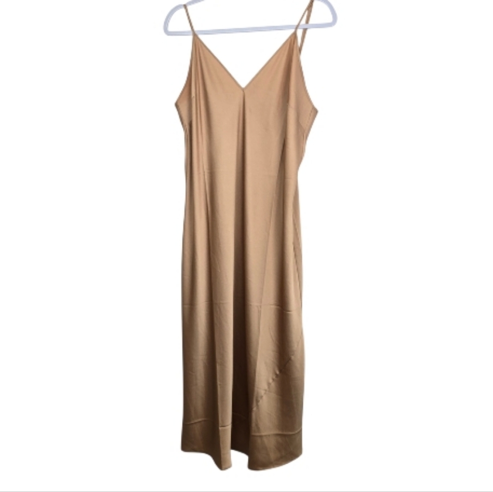 La Vie En Rose Tan Satin Midi Dress XL | Sleeveless Slip Dress Neutral Champagne